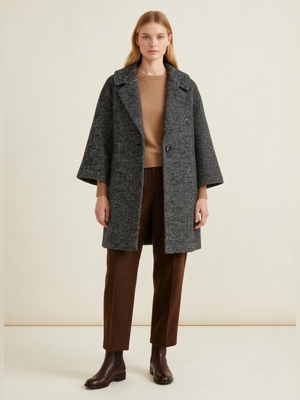 CAbi Blair Wool Blend Coat XS Charcoal Tweed 3/4 Sleeve Minimalist Fall Chic